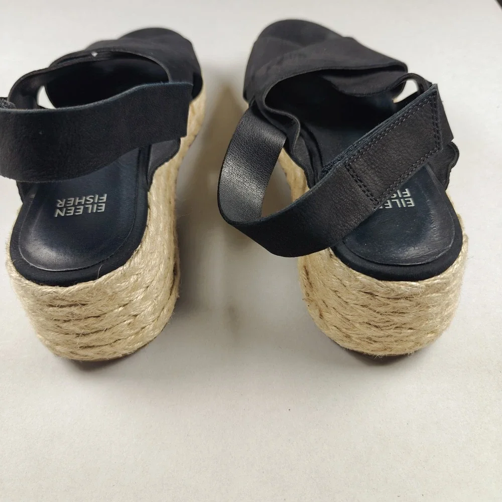Eileen Fisher‎ Women's Black Leather Timor Espadrille Wedge Sandals Size 7